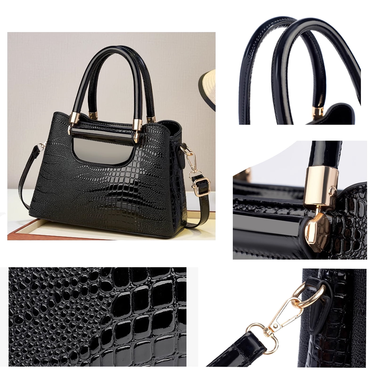 PORT&LOTUS Medium Size Glossy PU Leather Top Handle Crossbody Tote Purses for Women Simple Large Capacity Black Crocodile Pattern Shoulder Handbags for Women with Compartments For Mom