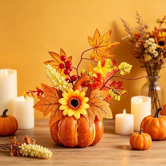 Darzheoy Halloween Thanksgiving Centerpiece, Artificial Pumpkin Floral Arrangement, 4 Styles Fall Maple Sunflower Berry, Table Centerpiece for Mantel, Table, Dining, Home, Entryway
