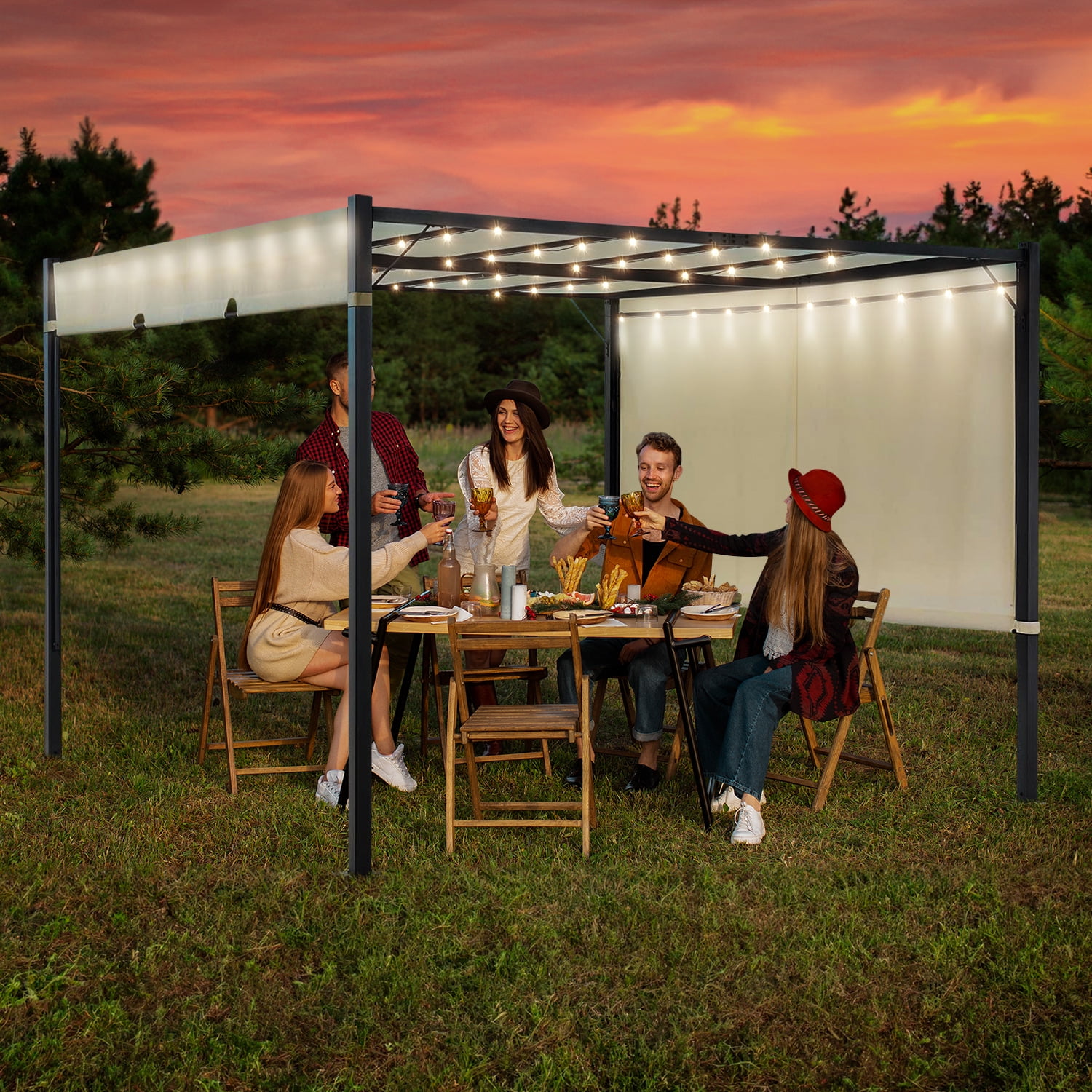 Grezone 10 x10 Ft Pergola with Solar Powered String Lights, HeavyDuty