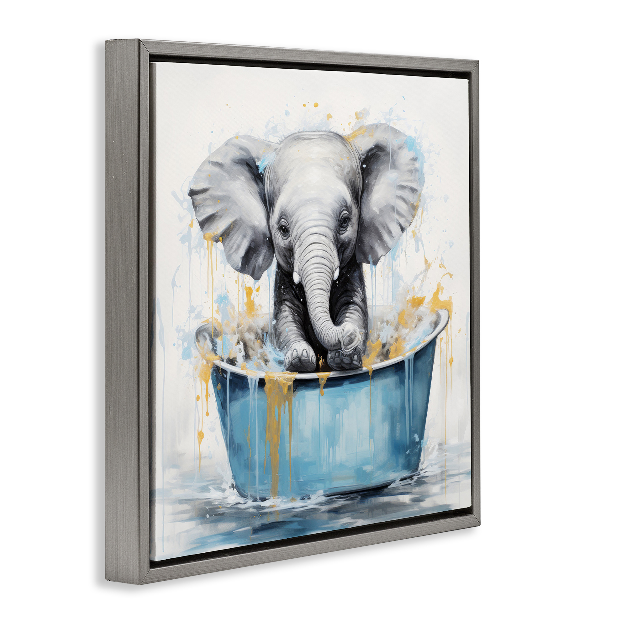 Stupell Industries Bathing Baby Elephant Typography Painting Gray Floater Framed Canvas Art Print Wall Art, 18 x 18