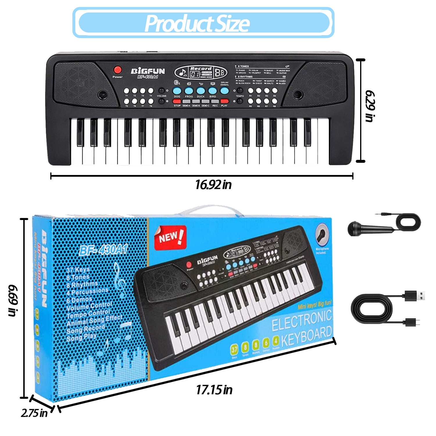 OUTGOO Kids Piano Keyboard, 37 Keys Portable Electronic Keyboard Piano with Microphone, Musical Instrument for Kids Boys Girls Age 3-6