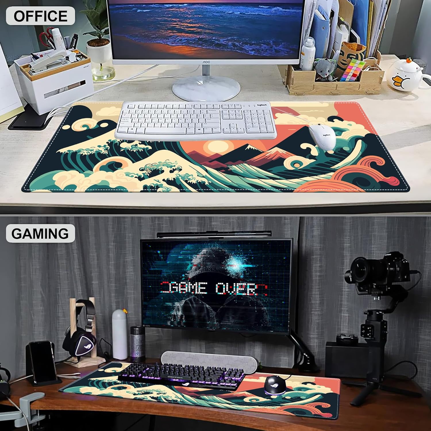 Gaming Mouse Pad, Japanese Sea Wave Sunset on Cloud Extended Large Desk Mat, Big Computer Keyboard Desk Pad, Stitched Edges Mousepad, 31.5 x 11.8 Inch Waterproof Desk Pad for Office Home