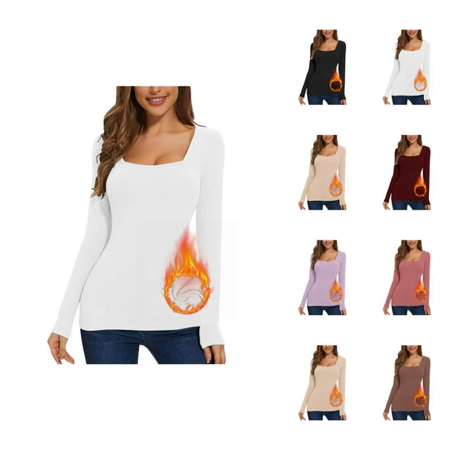 Womens Long Sleeve Shirts 2026 Fall Winter Basic Square Neck Slim Fit Breathable Undershirt T Shirt