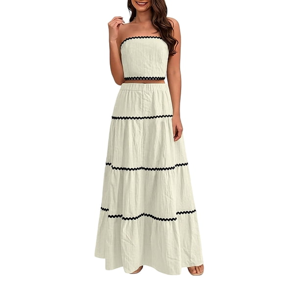 Xdegoge Linen Two Piece Outfit for Women Maxi Tiered Skirt Set Strapless Bandeau Top Boho Summer Skirts Flowy Flattering Lightweight Beach Vacation Party Holiday Wear