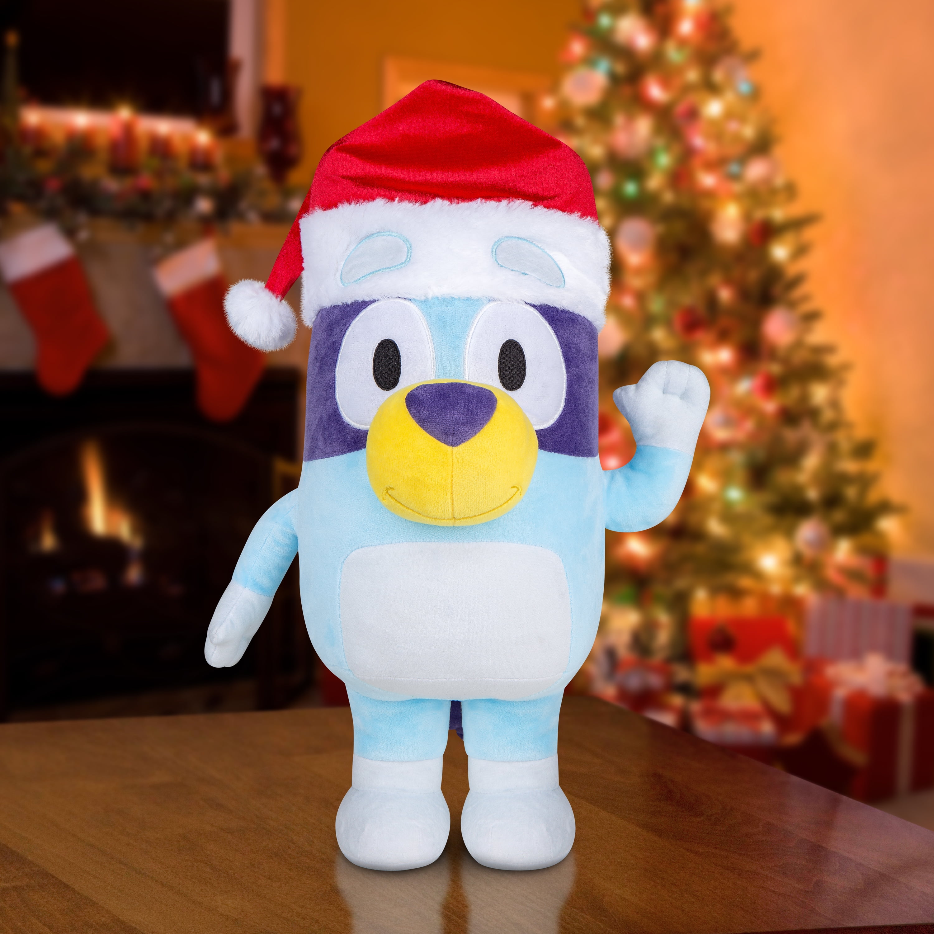 Christmas Holiday Plush Toys Stuffed Animal Bluey in Santa Hat Indoor & Covered Outdoor Décor, 18 in