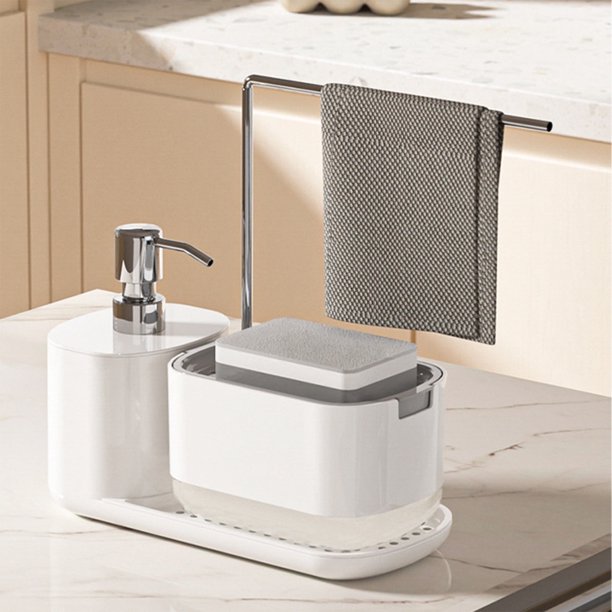 Dispensador de jabón para fregadero de cocina Nhthy con bandeja, organizador de jabón de manos y lavavajillas para encimera, dispensador doble con bomba de jabón y soporte para esponja. Blanco