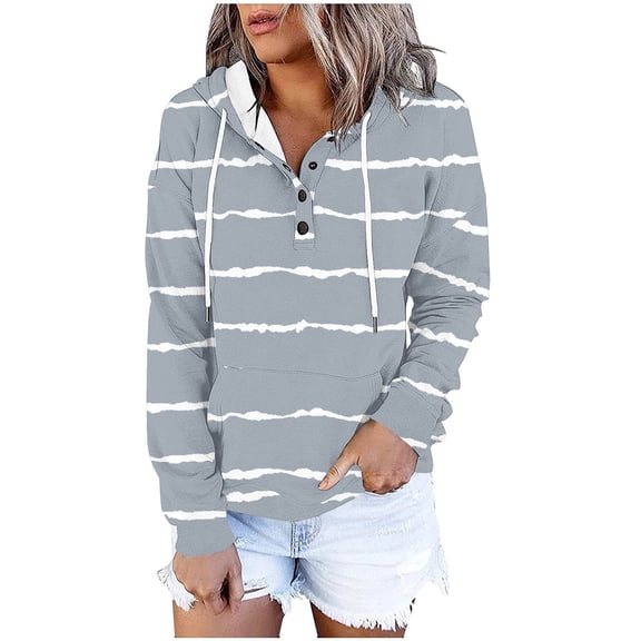 Iroehba Hoodies for Women Long Sleeve Striped Hooded Pullover Drop Shoulder Button Front Pocket Modern Cut Classic Laid-back Leisure Outfit