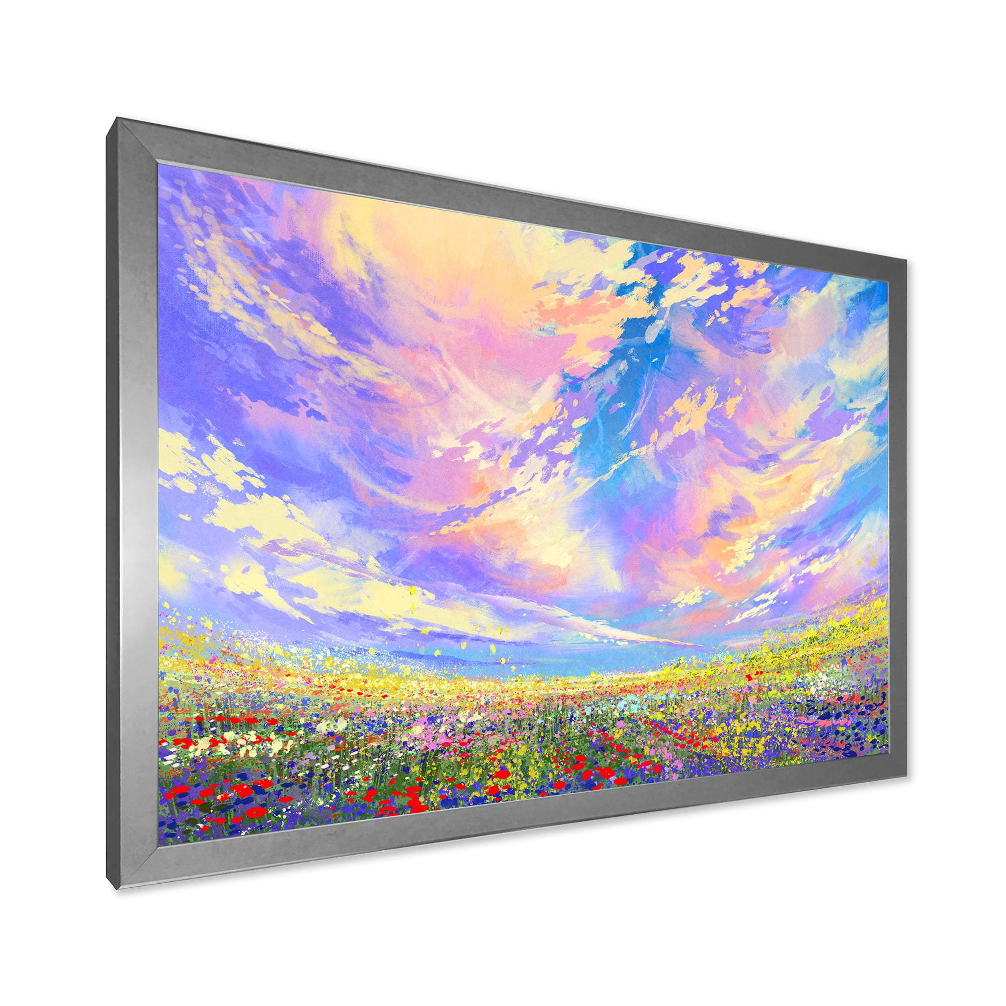 Designart 'Gorgeous Clouds Over Colorful Flowers In Field' Traditional Framed Art Print