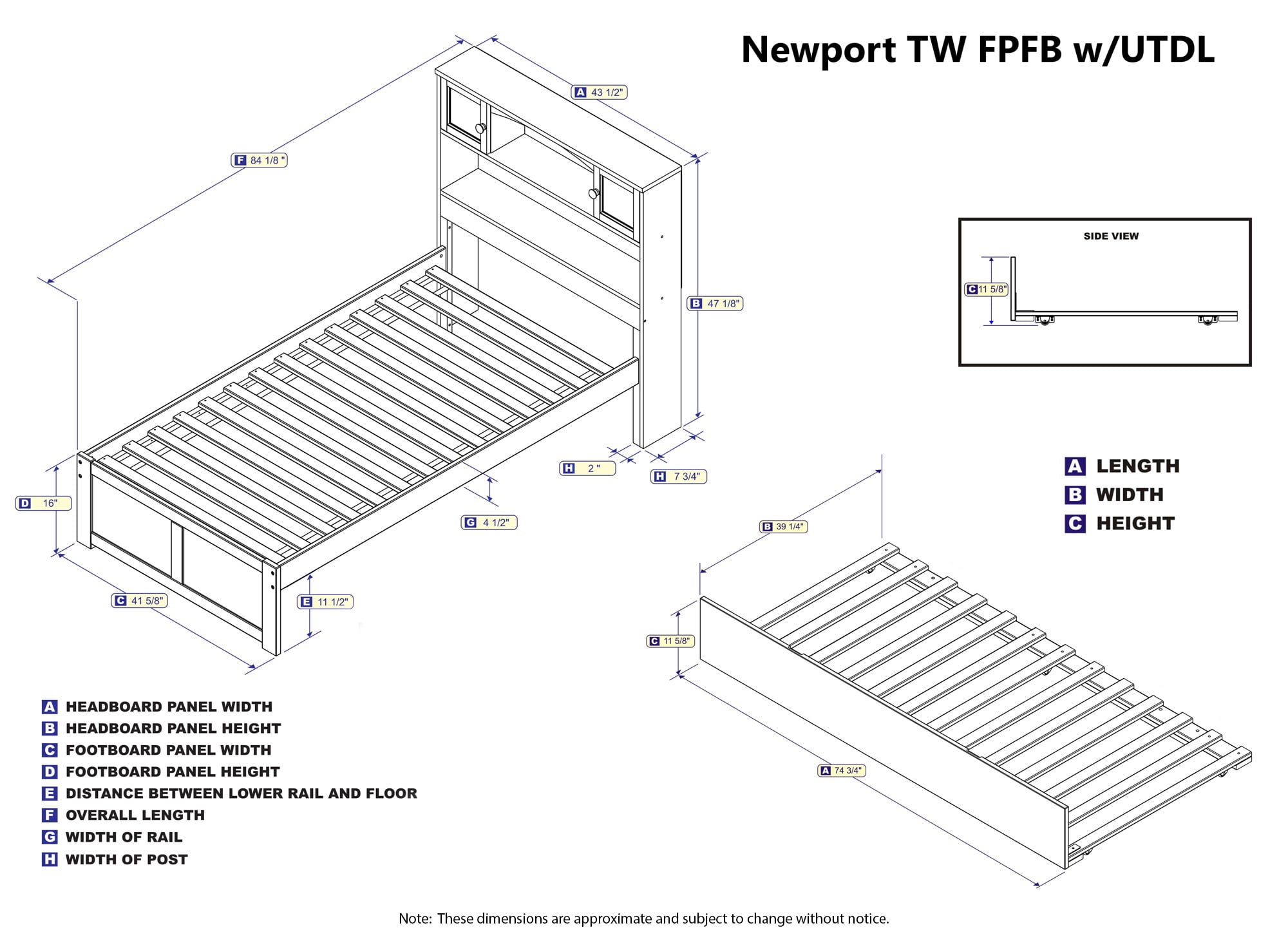 AFI Newport Twin Solid Wood Platform Bed with Footboard & Twin Trundle, Grey