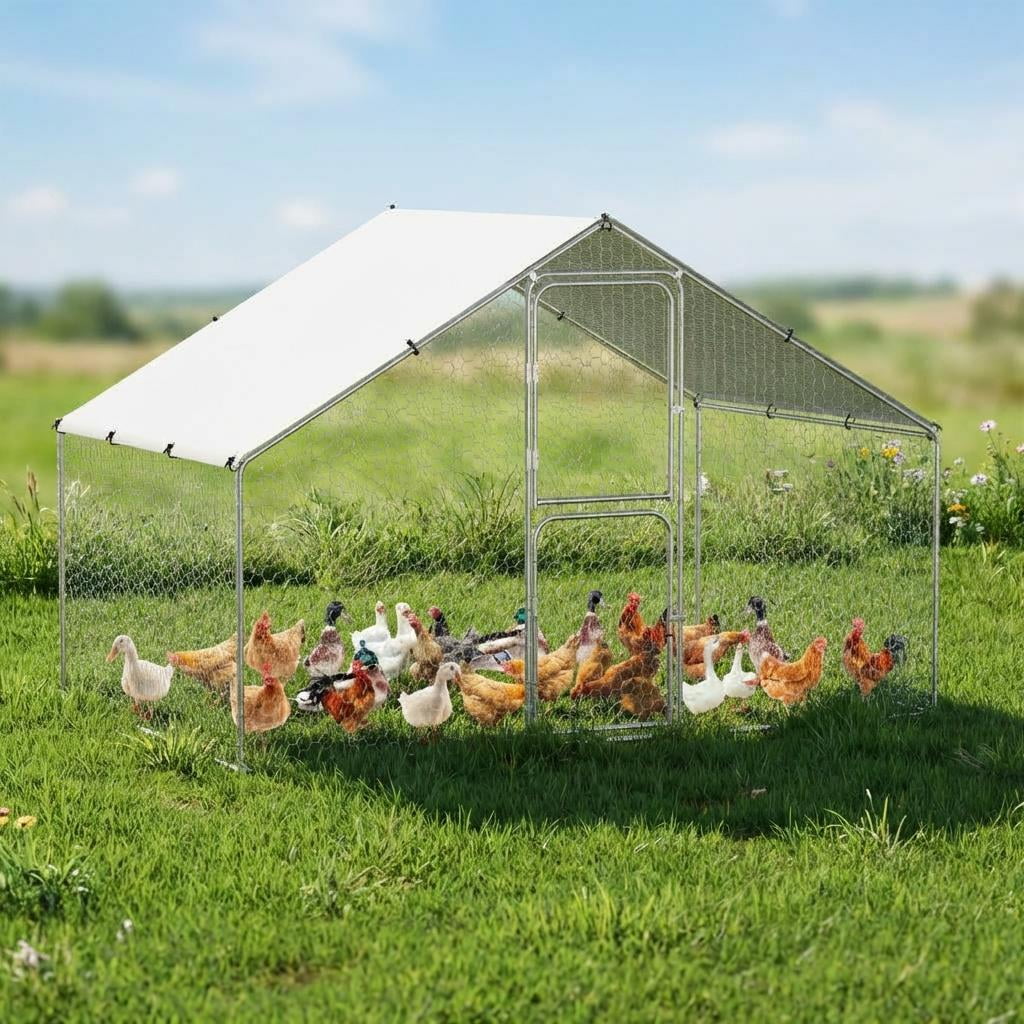 TEQIN Metal Chicken Coop With Waterproof Cover Poultry Cage Outdoor Backyard Farm Walk-In Hen House Chicken Cage For Chickens Ducks Rabbits And Small Pets
