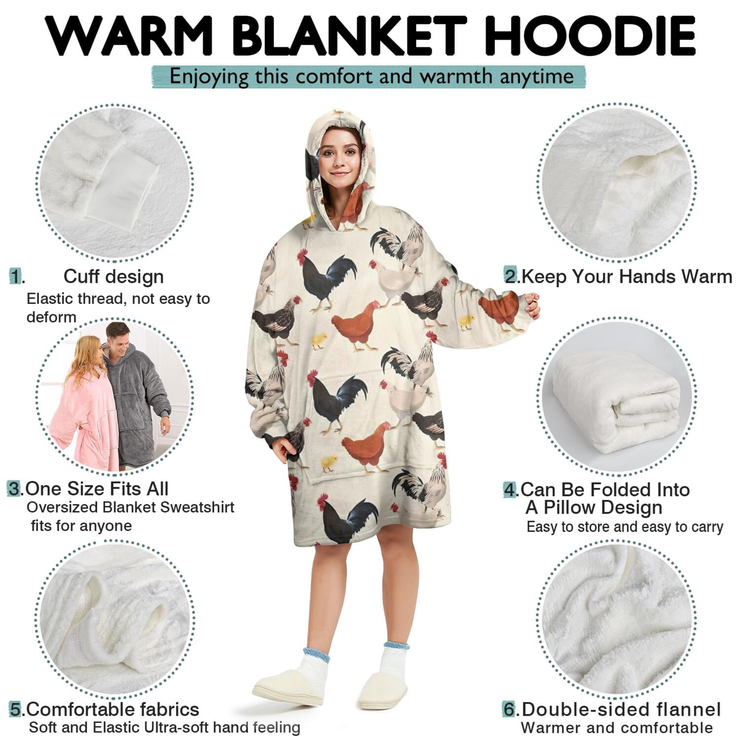 Wearable Oversized Blanket,Beige Chicken Pattern Wearable Blanket Hoodie for Adults,Cozy Hooded Blankets with Super Pockets,Super Warm Fuzzy Pullover for Women & Men