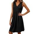 thumbnail image 6 of SAWOBUUN Womens Pleated Mini Dress V Neck Sleeveless High Waist Loose Fit Dress Breathable Cotton Blend Sundress, 6 of 6