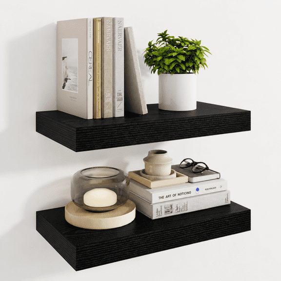 16" Black Wooden Floating Wall Shelves Set of 2 with Invisible Brackets