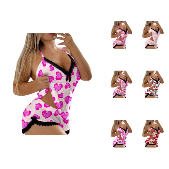 Summer Pajama Sets – Women's Lounge Sets & Cropped Sleep Tops Ladies' Valentine's Day Casual Fashion Sexy Printed Sleeveless Camisole Top Shorts Set Two Piece Set