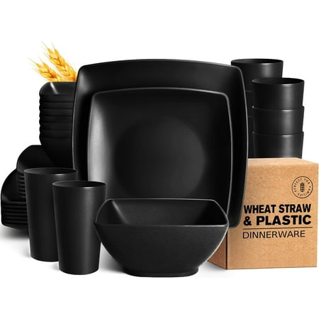 

32-piece Plastic Wheat Straw Square Dinnerware Set for 8 Unbreakable Dinner Plates Salad Plates Snack Bowls Tumblers 20 oz Dishwasher Safe Black Matte