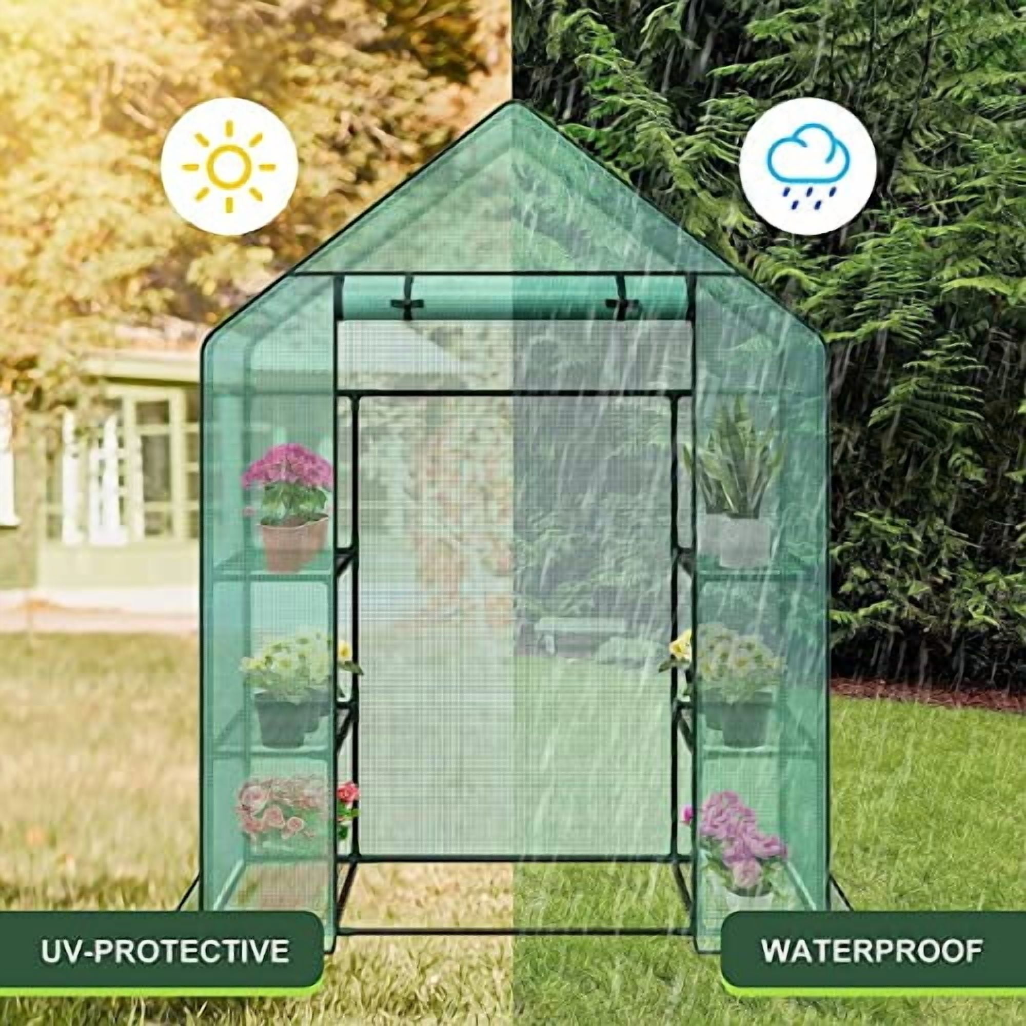 Outdoor Portable Walk-in Greenhouse 3 Tiers 6 Shelves w/ Durable Cover Roll Up Zipper Door Steel Frame Windows Greenhouse w/ Ground Pegs, Ropes for Garden, Patio, Backyard