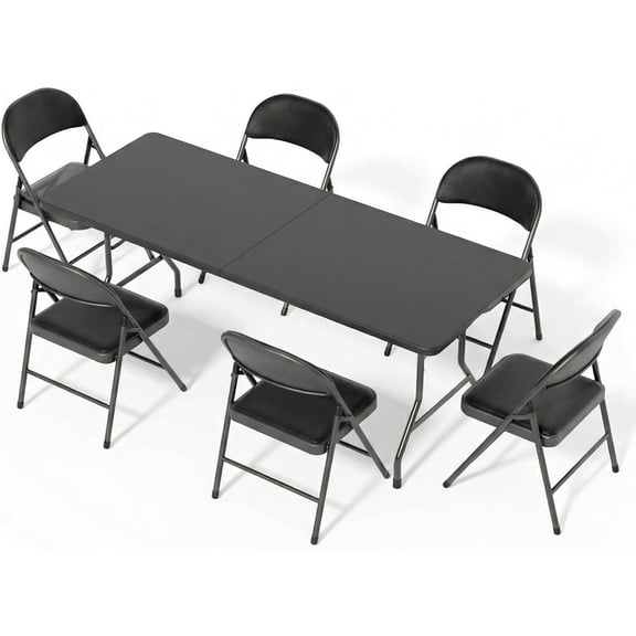 6FT Black Folding Table Set with 6 PU Padded Folding Chairs