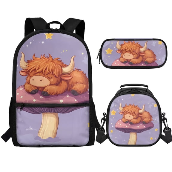 Jeiento Highland Cow School Backpack for Girls 4-6 6-8 Kids Bookbag with Lunch Box 3Pcs Set Elementary School bag Lunch Bag Pencil Case Boys Mushroom Preschool Back Packs Satchel Purple