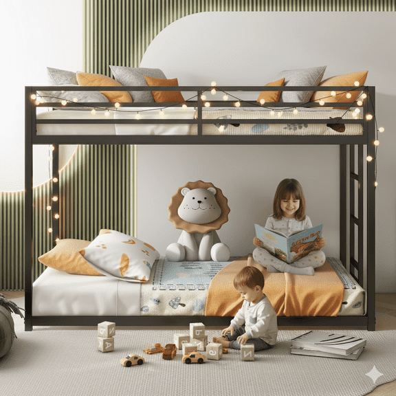 Sesslife Metal Twin Over Twin Bunk Beds, Heavy Duty Bed Frame with Ladder and Safety Full-Length Guardrails, Low Profile Junior Bunk Bed for Teens Adults, Noise-Free, No Box Spring Needed, Black