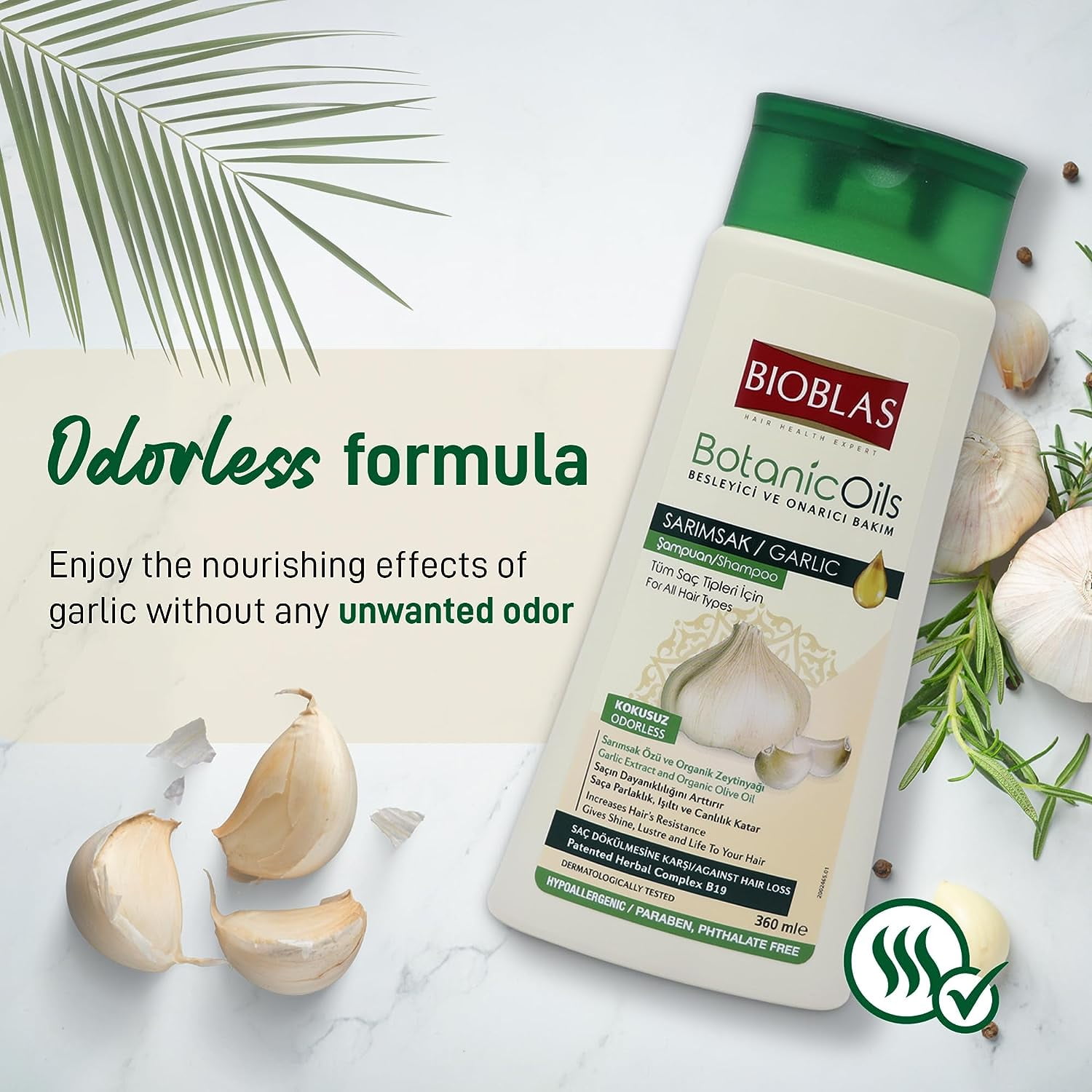 Bioblas Garlic Hair Loss Shampoo for Men and Women with Organic Oil, Unscented, Halal, All Hair Types, 13 oz - 2 Pack