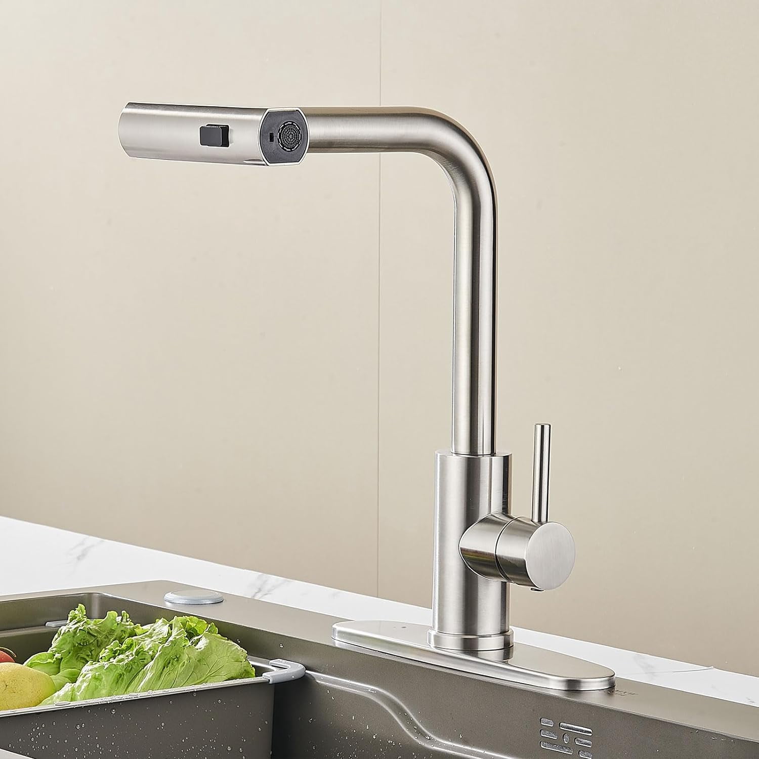 Kitchen Faucet with Pull Down Sprayer, Brushed Nickel Waterfall Touch Single Hole Handle Stainless Steel Kitchen Sink Faucets, Commercial Modern Faucets for Pull-Down Sprayer Kitchen Sinks