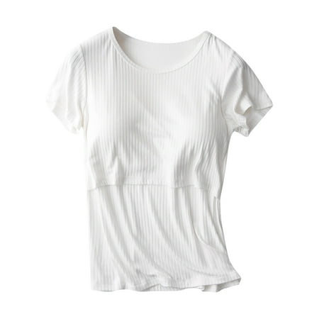 XFYSSS Round-Neck Solid Color Short Sleeve Breast Feeding Pregnant Nursing Women with Built in Bra Blouse Tops T-Shirt