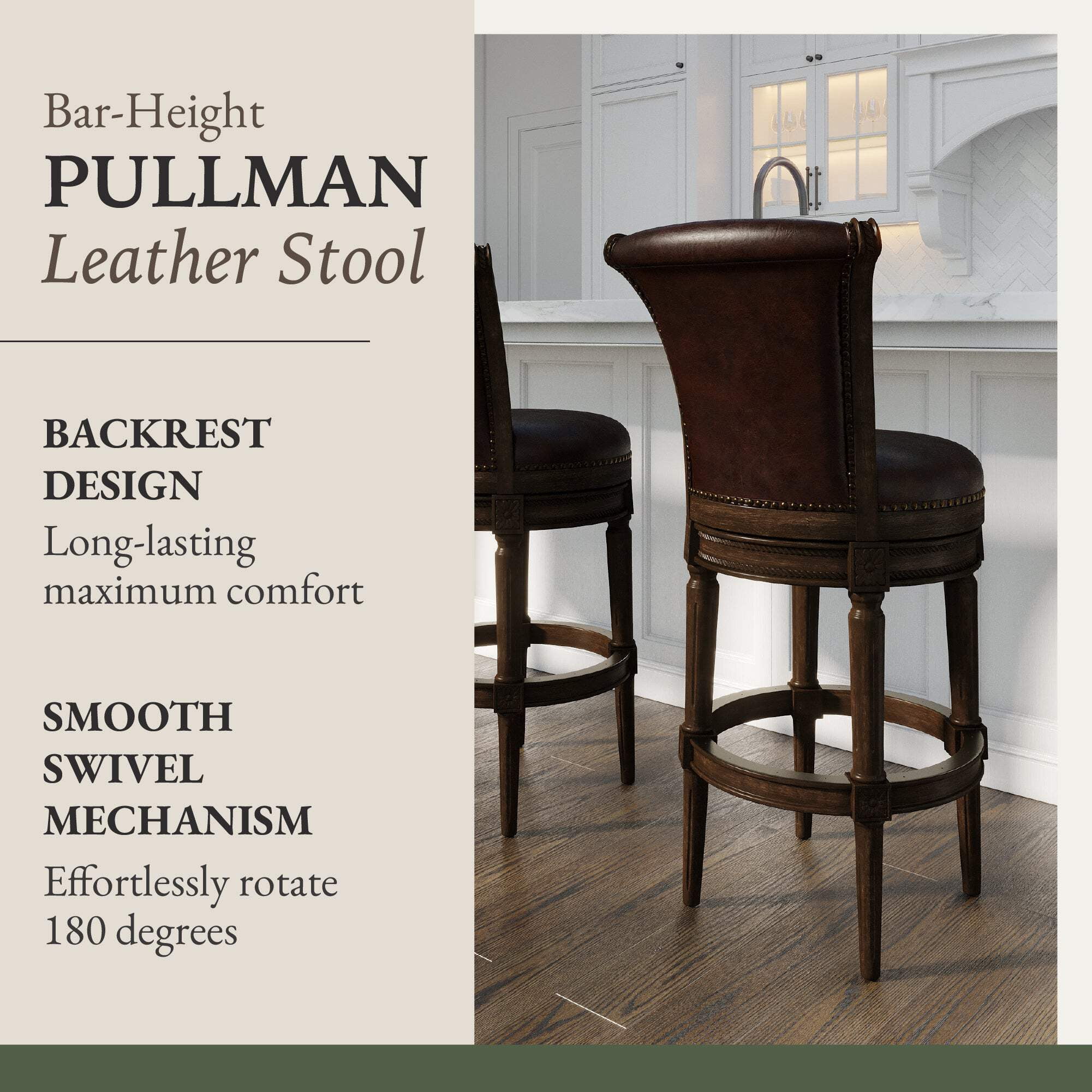 Maven Lane Pullman Bar Stool, Dark Walnut Finish w/ Vintage Brown Vegan Leather