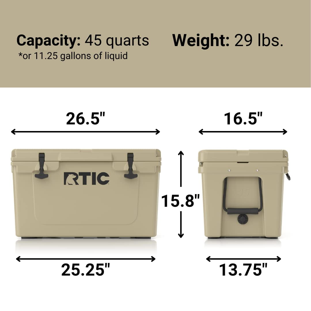 RTIC Hard Cooler, 45 qt, Tan, Ice Chest with Heavy Duty Rubber  Latches, 3 Inch Insulated Walls : Sports & Outdoors