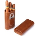 thumbnail image 1 of 3 Finger Leather Cigar Case, Cedar Wood Lined Cigar Humidor with Silver Stainless Steel Cigar Scissors, 1 of 9