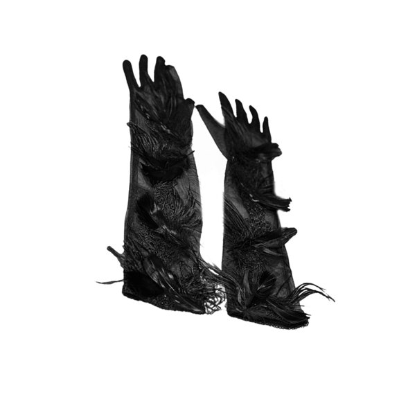JZROCKER Lady Evening Dinner Gloves Feathered Elegant Full Finger Dark Gloves 1920s Women Lacy Gloves Bridal Wedding Gloves
