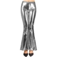 thumbnail image 6 of Scyoekwg Women's Leggings Solid Color Comfy Loose Casual Ladies Sweatpants High Waist Shiny Leather Flared Pants Trousers Silver,S, 6 of 7