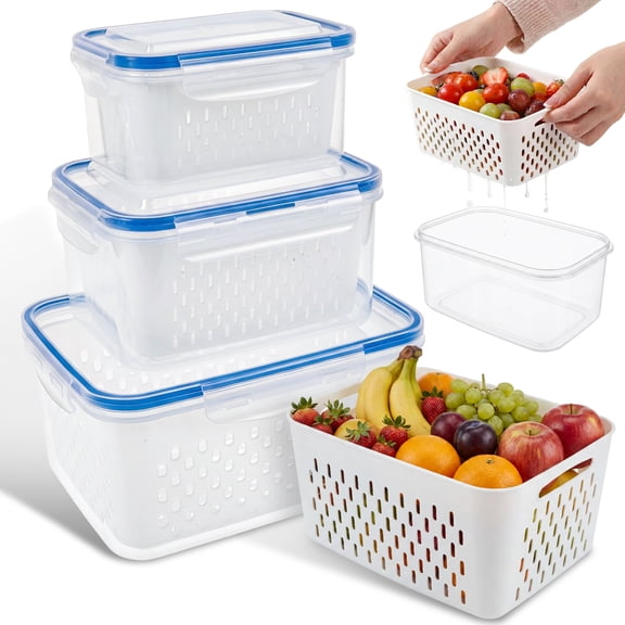 Toorise 3Pcs 4 in 1 Food Storage Container for Fridge Plastic Fruit Keeper Storage Container with Removable Drain Basket for Picnic Camping Fruit Vegetable