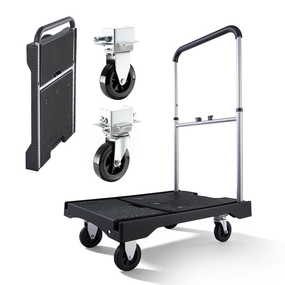KFFKFF Foldable Push Cart Dolly, 330 lbs Load Capacity, Folding Platform Truck with Swivel Wheels, Flatbed Hand Truck with Adjustable Handle, Compact Storage Design, 26.8 x 19.5 x 4.5 in