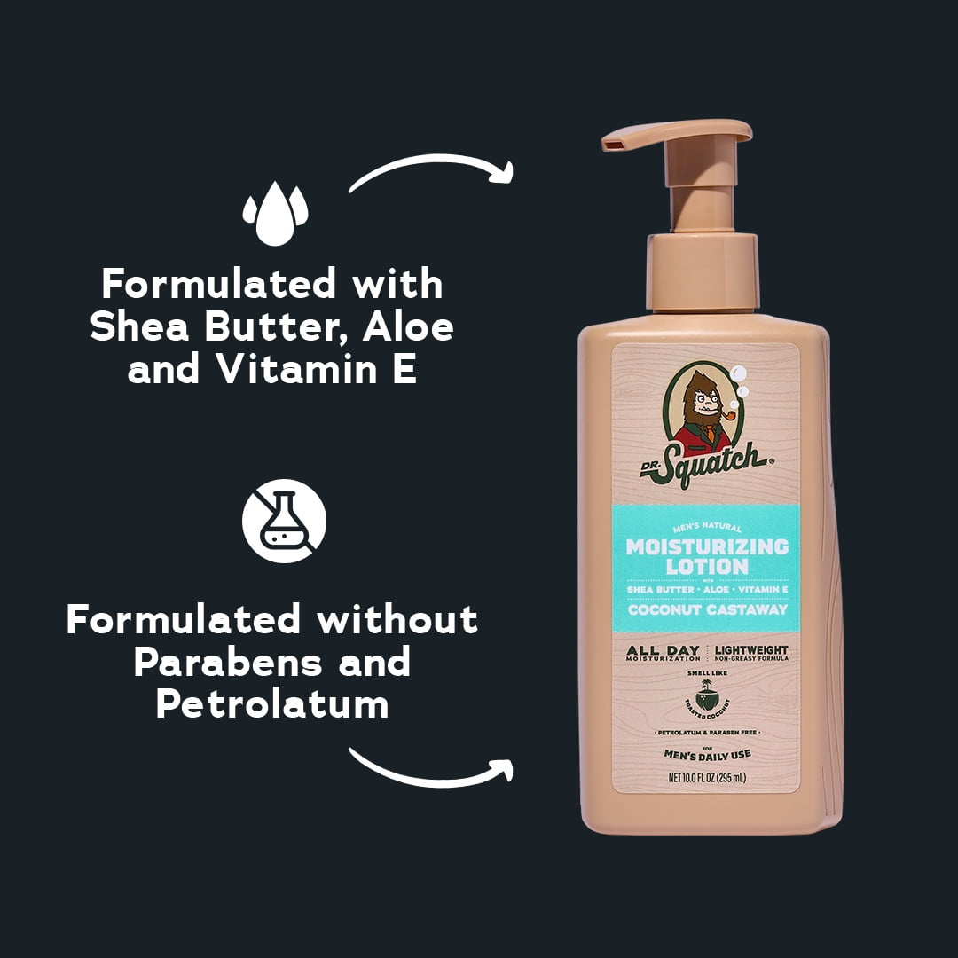 Dr. Squatch Mens Natural Body Moisturizer Lotion, Hand & Body Lotion for Men, Coconut Castaway, 10 fl Oz