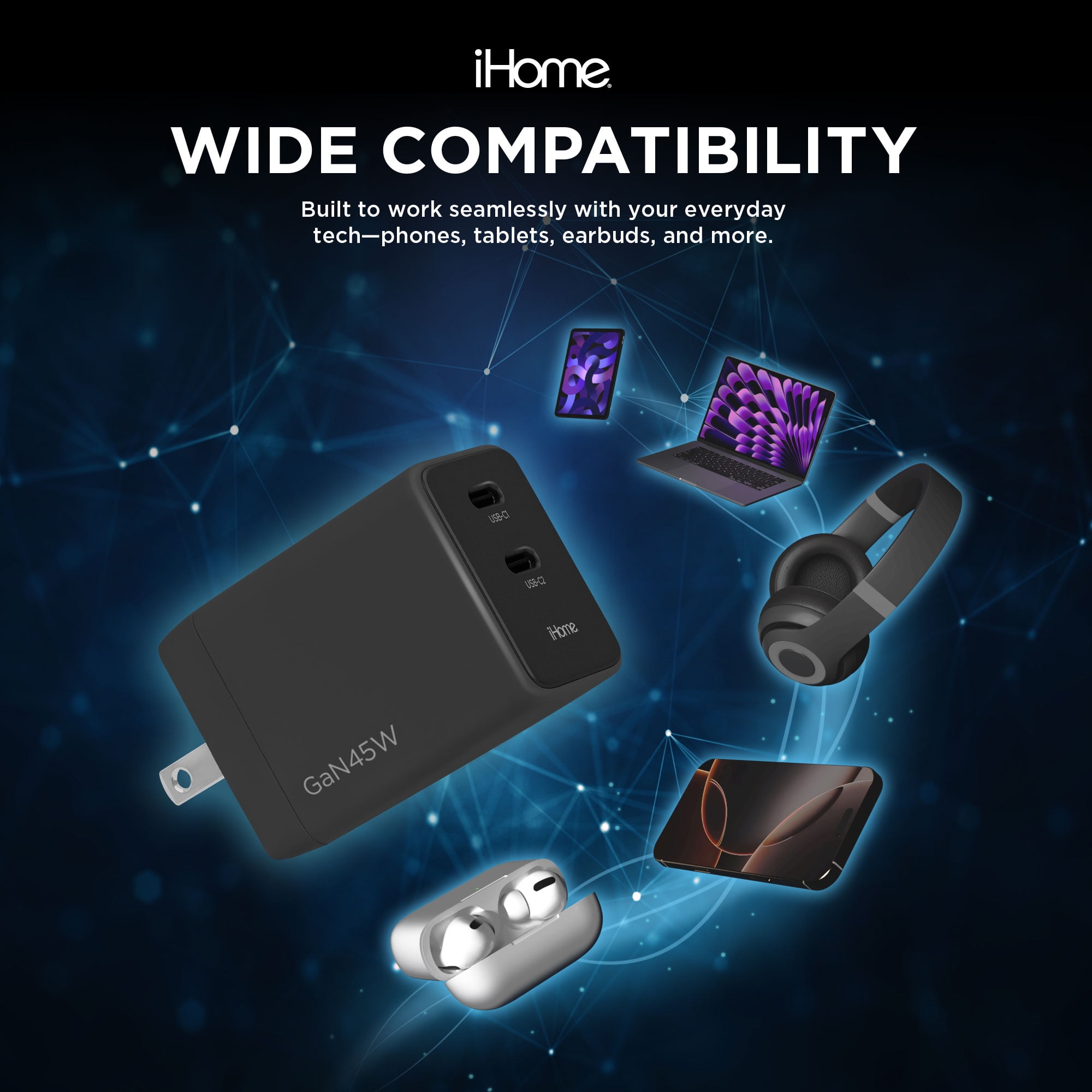 iHome 45W GaN Charger, Dual USB-C Ports, Power Delivery, Fast Charging, Foldable Plug