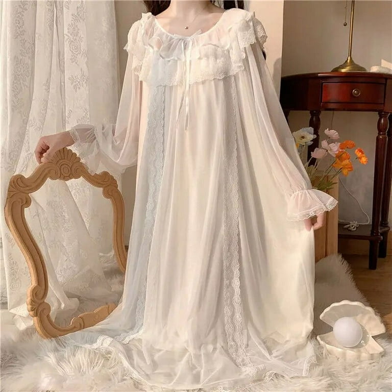 modern night dress Municipal Mesh Nightgown Sleepwear Womens Elegant Lace Night Dress Solid  One Piece Pajamas Autumn Long Sleeve Ruffle See Through Home Wear
