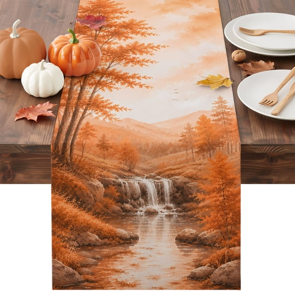 Thanksgiving Fall Table Runner - 36 Inch Long Orange Maple Trees Forest Mountain Cotton and Linen Blended Dress Scarves Farmhouse Table Runner for Kitchen Dining, Coffee Table, 13" x 36"