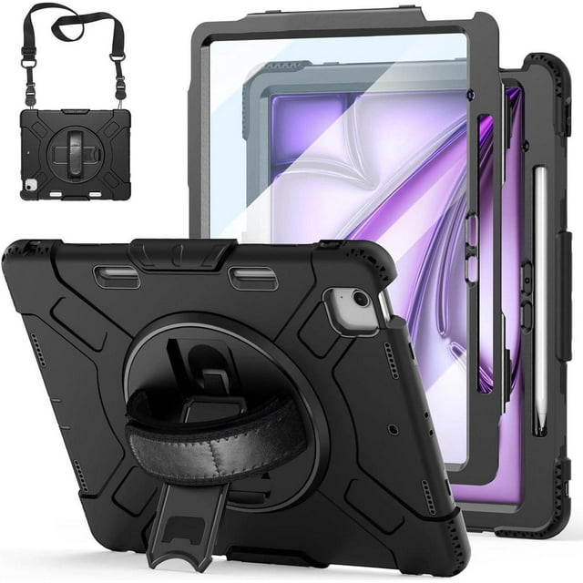 Case for iPad Air 13 Inch Case M3 2025 M2 2024, Rugged iPad Pro 12.9 6th/5th/4th/3rd Generation Case with Screen Protector/Kickstand/Handle Grip/Shoulder Strap/Pencil Holder