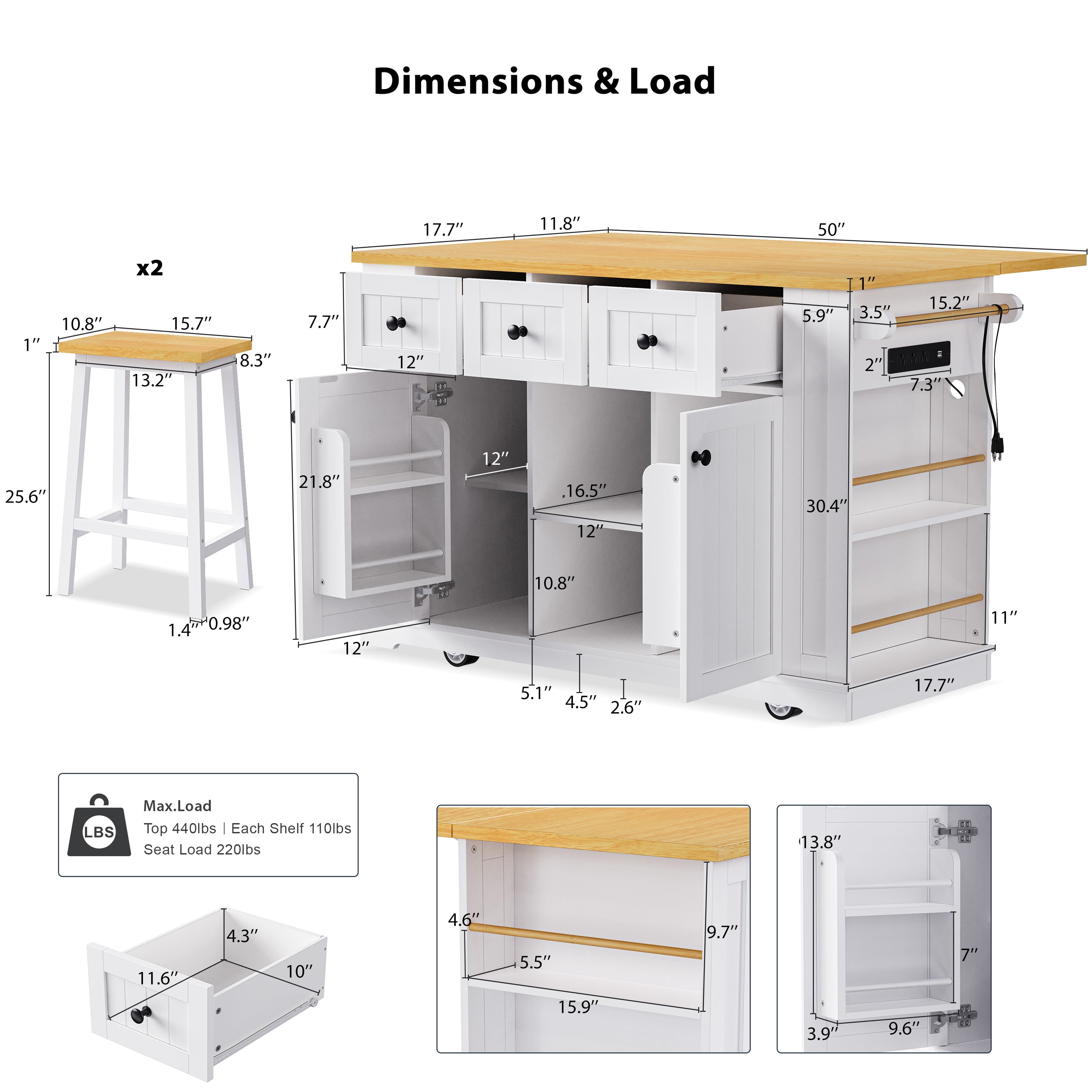 Euroco 53" Kitchen Island Cart with Power Outlet and 2 Stools, Rolling Storage Cart on Wheels with Drop Leaf, Door Internal Storage Rack  & 3 Drawers