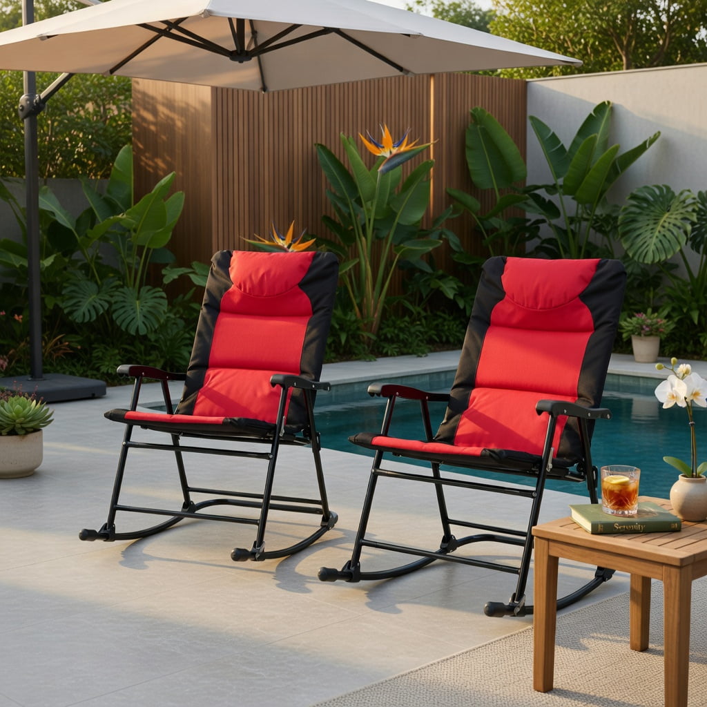 Hommoo 3-Piece Outdoor Folding Rocking Chair & Table Set with Cushions, Steel Frame, Tempered Glass Table, Portable Patio Furniture for Deck, Backyard, Camping, Red