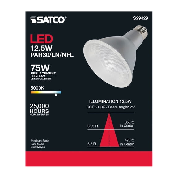 SATCO S29429 PAR30LN LED Reflector Light Bulbs 12.5W 120V 5000K 1000 Lumen  E26 Medium Base  Dimmable WET Location (6 Bulbs)