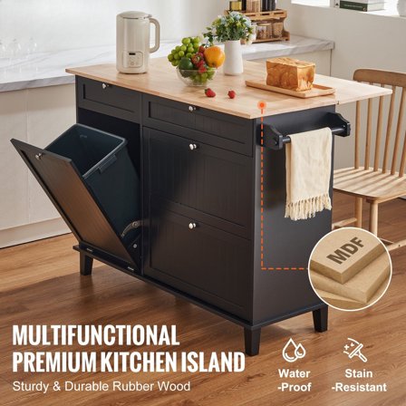 Large Kitchen Island Cart on Wheels, Mobile Storage Cabinet with Drawer & Built-In Trash Cabinet for Pantry, Prep & Breakfast Bar