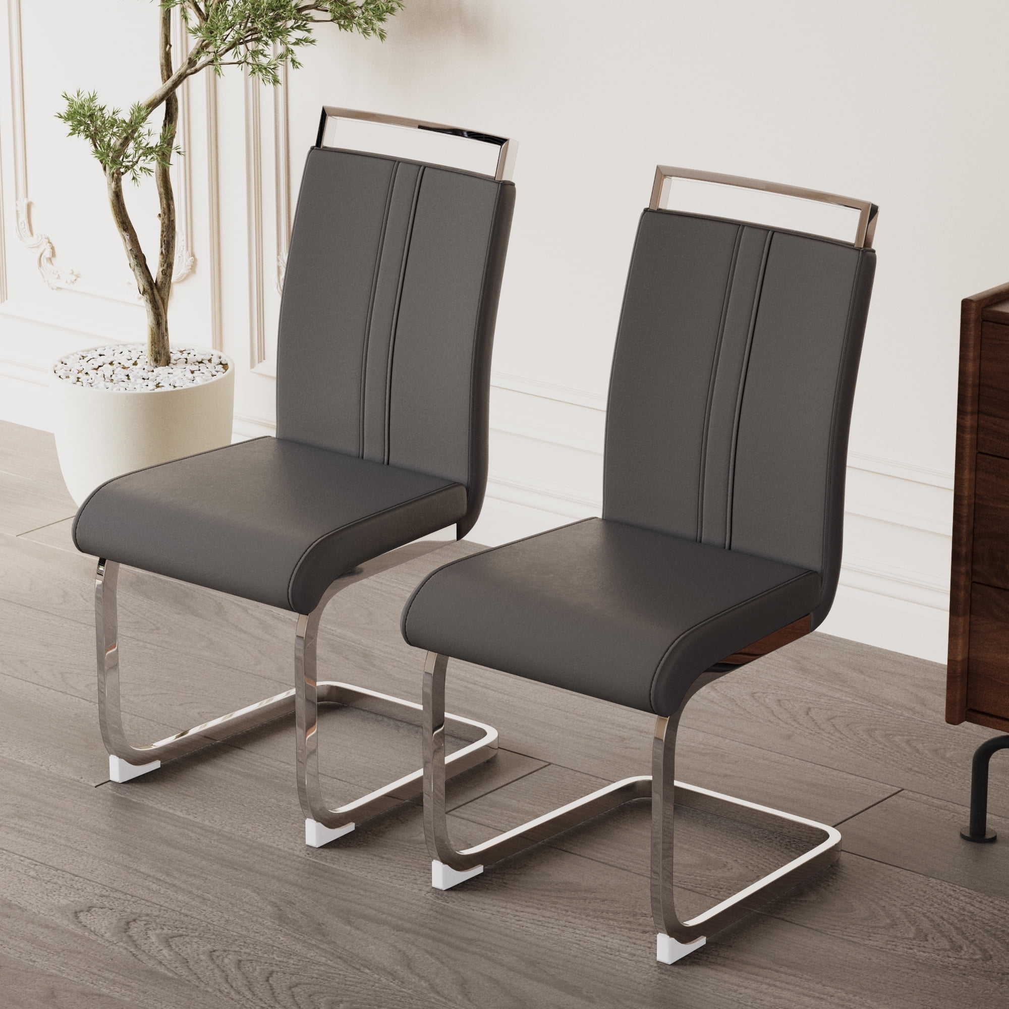 Dining Chairs Set of 4 PU Leather High Back Upholstered Chairs with Gold Metal Legs for Home Kitchen Dining Room Patio, Grey