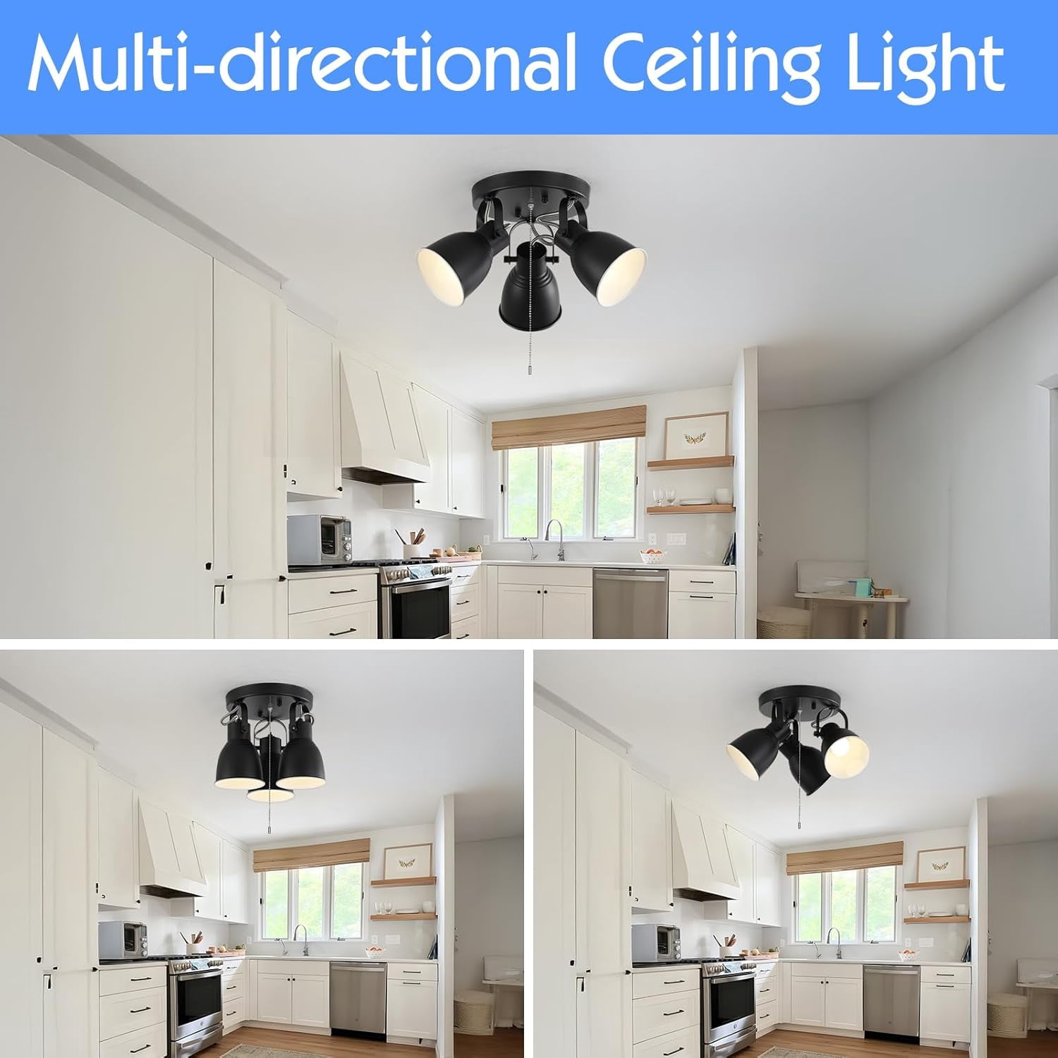 3 Light Ceiling Light with Pull Chain,Adjustable Directional Ceiling Track Light,Industrial Pull Chain Light Fixtures for Bedroom Hallway Closet.