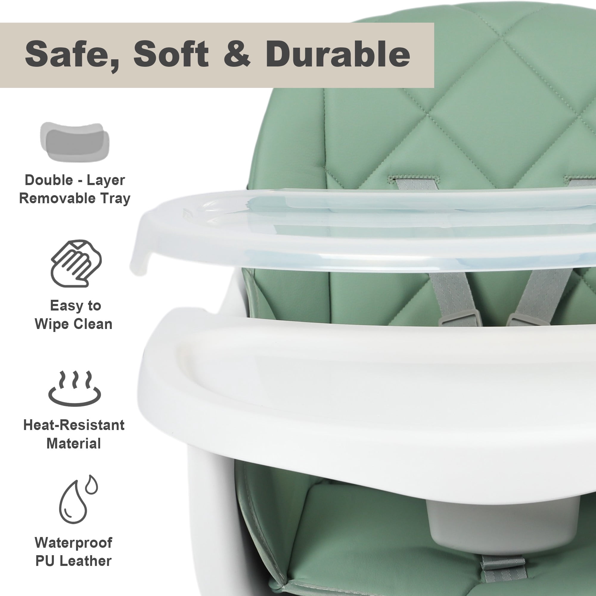 AILEEKISS 7 in 1 Wooden Baby High Chair for Toddler, Infant Feeding Chair with Removable Tray, Green