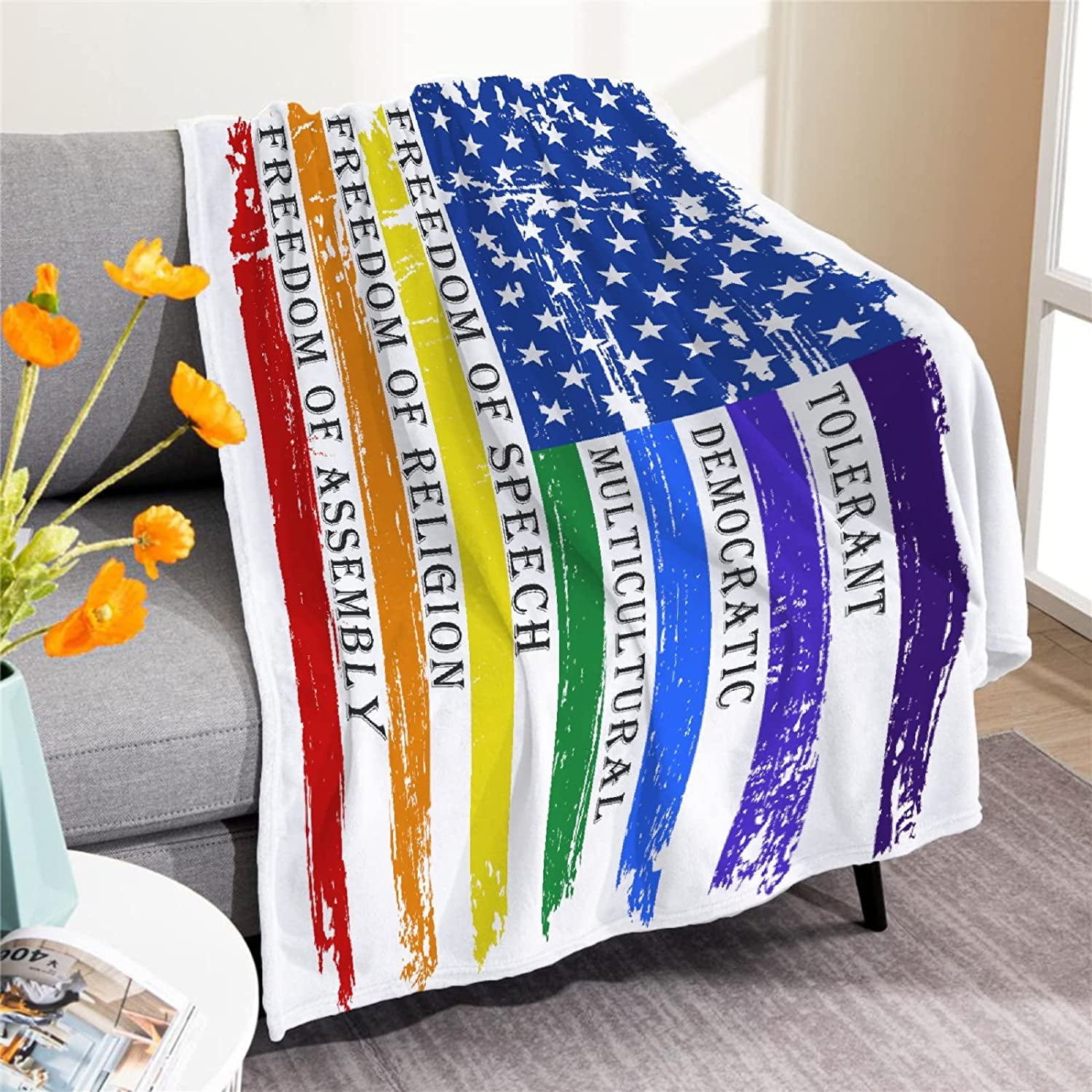 Rainbow USA Flag Blanket, Watercolor American Flag Blankets, Patriotic