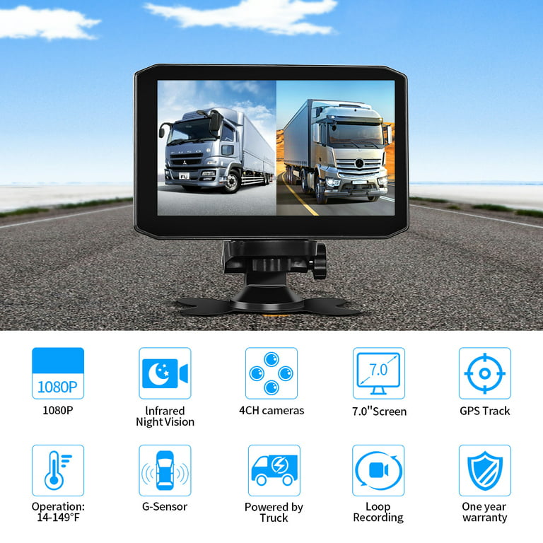 VSYSTO 4CH Truck Dash Cam, 7 Inch Screen Vehicle Backup Camera with  Waterproof Infrared Night Vision Lens, 1/2/4 Split Screen 4 Cameras  Recording at The Same time, Loop Recording, G-Sensor - Yahoo Shopping