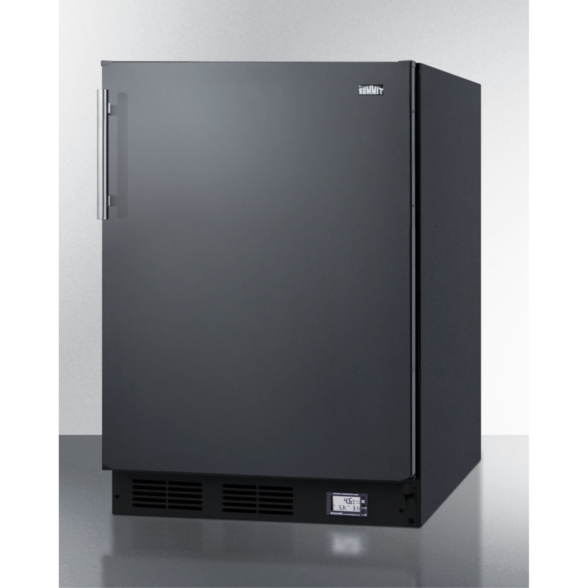 Built-in undercounter ADA compliant break room refrigerator-freezer in black with NIST calibrated thermometer and alarm