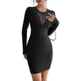 thumbnail image 1 of Women'S Solid Color Round Neck Mesh Insert Chest Detail Long Sleeve Bodycon Slim Dress, 1 of 9