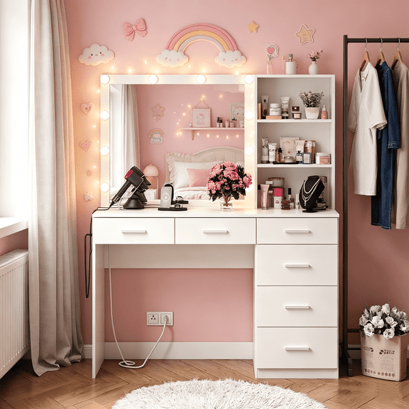 White Makeup Vanity Desk with LED Mirror & Charging Station, 6 Drawer Vanity Table with Storage Shelves for Bedroom